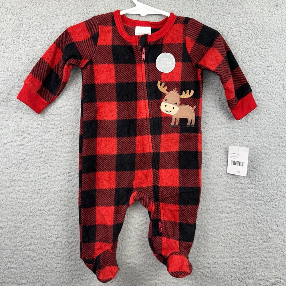 Koala Baby Infant 0-3 Months Red Black Checkered Reindeer Footie Romper NWT